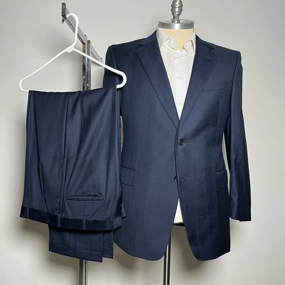 Jos. A. Bank Suit Mens 44L W37 Navy Blue Windowpane Signature Gold Wool 2-Button